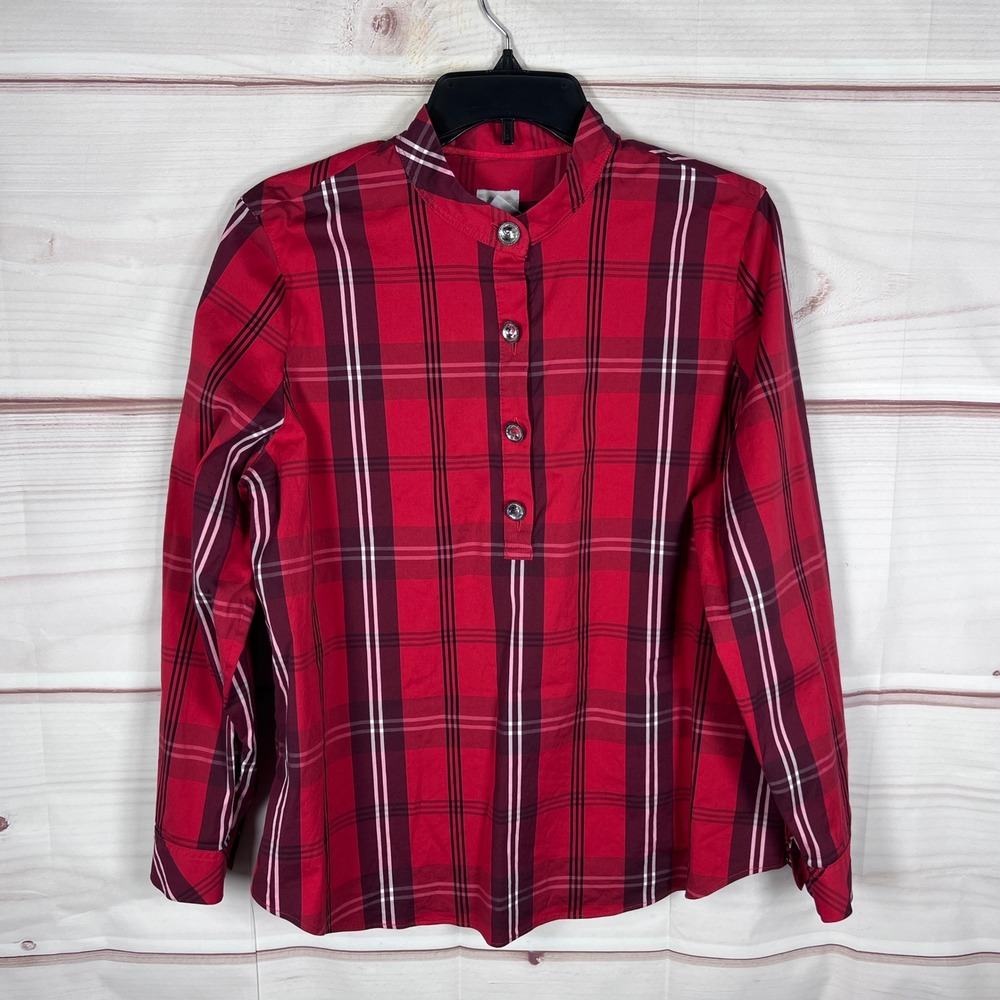 Chico's Top Womens 2 L Red Plaid Blouse Rhinestone Button Long Sleeve Holiday